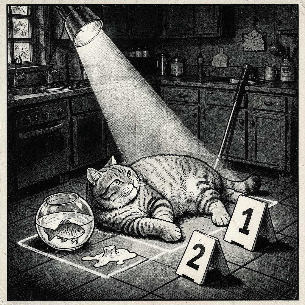 Vintage comic scene of a cat in a chalk outline beside a spilled fishbowl