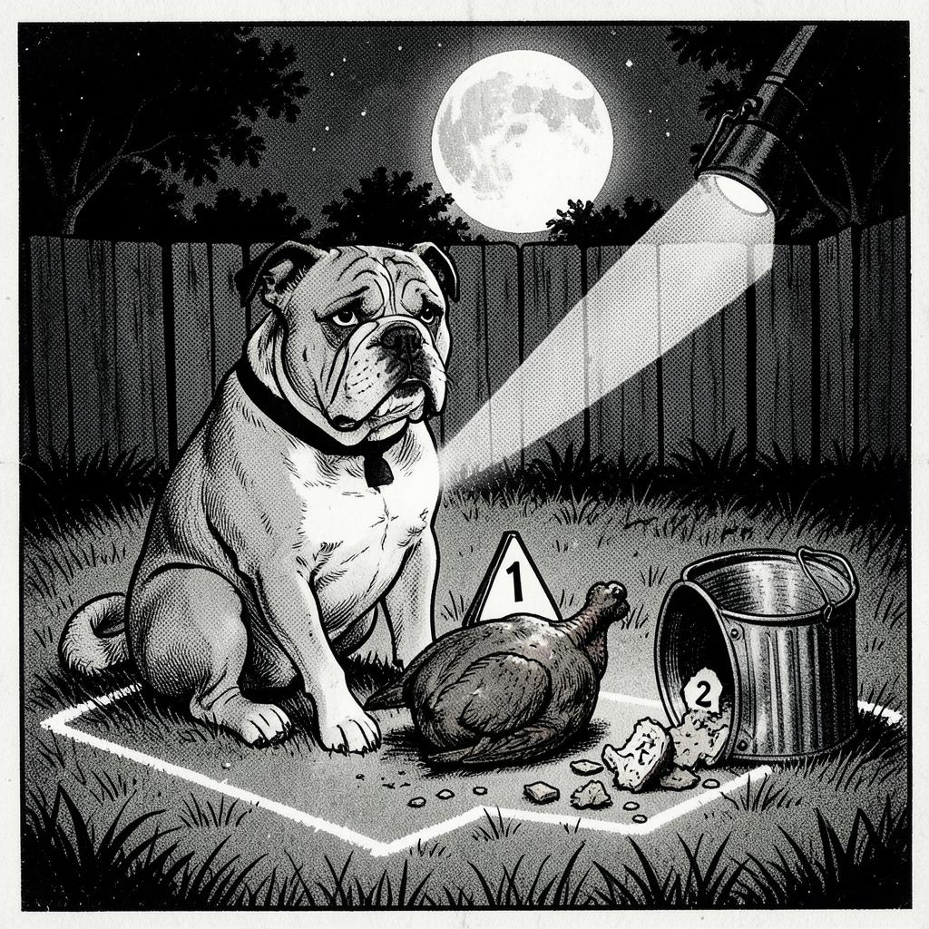 Vintage comic scene of a guilty bulldog in a chalk outline with a stolen roast turkey