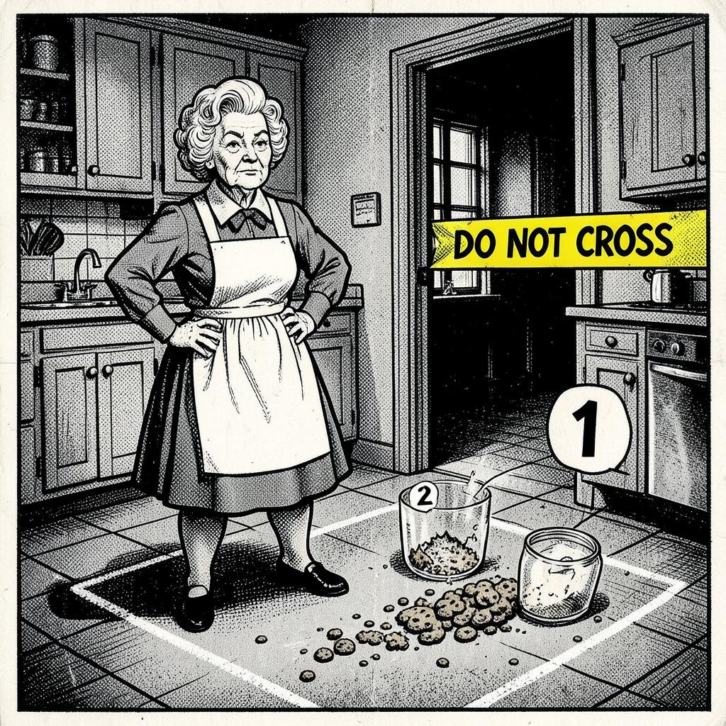 Vintage comic scene of a grandmother in a chalk outline accused of a cookie jar heist
