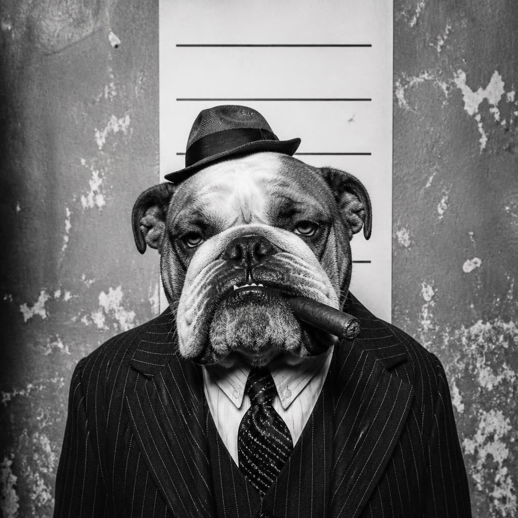 Vintage mugshot of a bulldog in a gangster suit